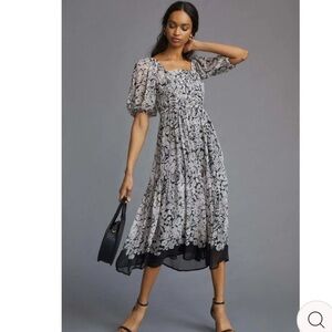 By Anthropologie Square neck Smocked Midi Dress Blank Pink Floral Chiffon XS